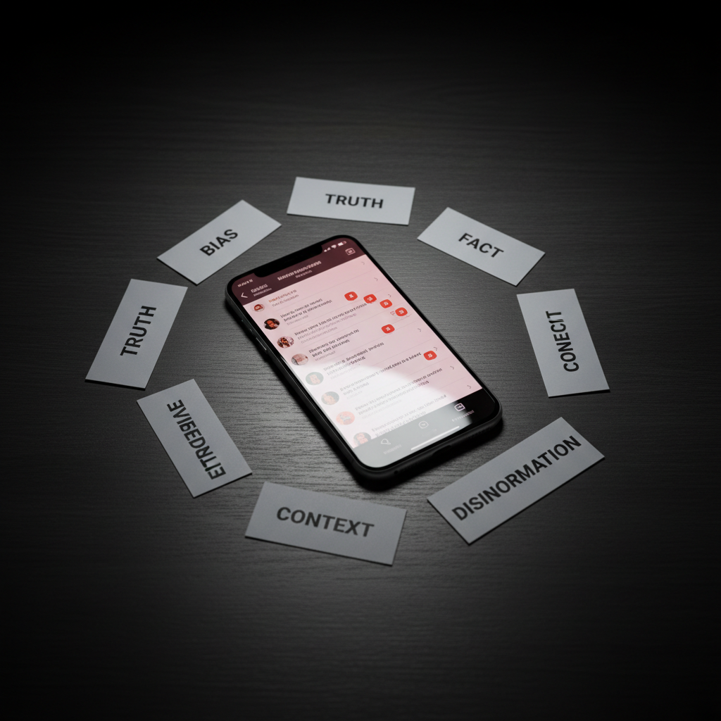 A close-up, photographic image of a smartphone lying flat on a dark, matte wooden table, its screen displaying multiple overlapping notification bubbles and blurred social media posts, some tinted red to subtly hint at misleading content. Around the phone, small printed cards bearing words like “truth,” “bias,” and “evidence” are scattered in an organized but imperfect ring. A soft, single overhead light creates gentle, circular illumination, leaving the table edges in deeper shadow, suggesting an intimate, contemplative space. Shot from a slightly elevated angle with a shallow depth of field, the phone and nearest word cards are razor sharp, while the outer edges blur into a moody vignette. The overall style is clean, modern photographic realism with a thoughtful, critical mood.
