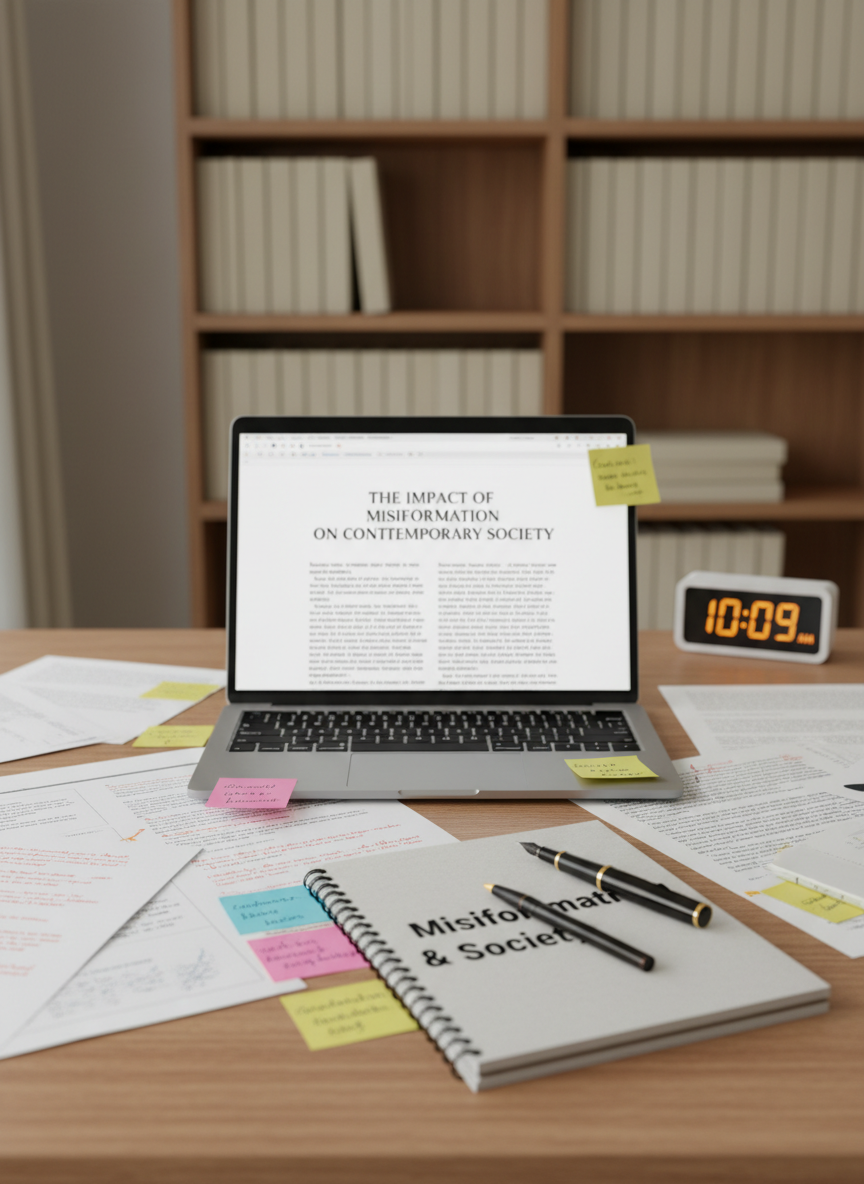 A meticulously arranged wooden desk with a slim, open laptop displaying a blurred academic article about misinformation, surrounded by scattered printed pages marked with color-coded annotations and sticky notes. A graphite pencil and a sleek black fountain pen rest on a spiral notebook titled “Misinformation & Society.” In the background, a tidy bookshelf holds neutral-toned books and a small digital clock. Soft overcast daylight filters through an unseen window, creating diffused, shadowless lighting that feels calm and analytical. Photographic realism, eye-level composition with shallow depth of field keeps the laptop and notes in sharp focus while the shelves blur gently, evoking a focused, professional, research-driven atmosphere suitable for a media and misinformation blog.