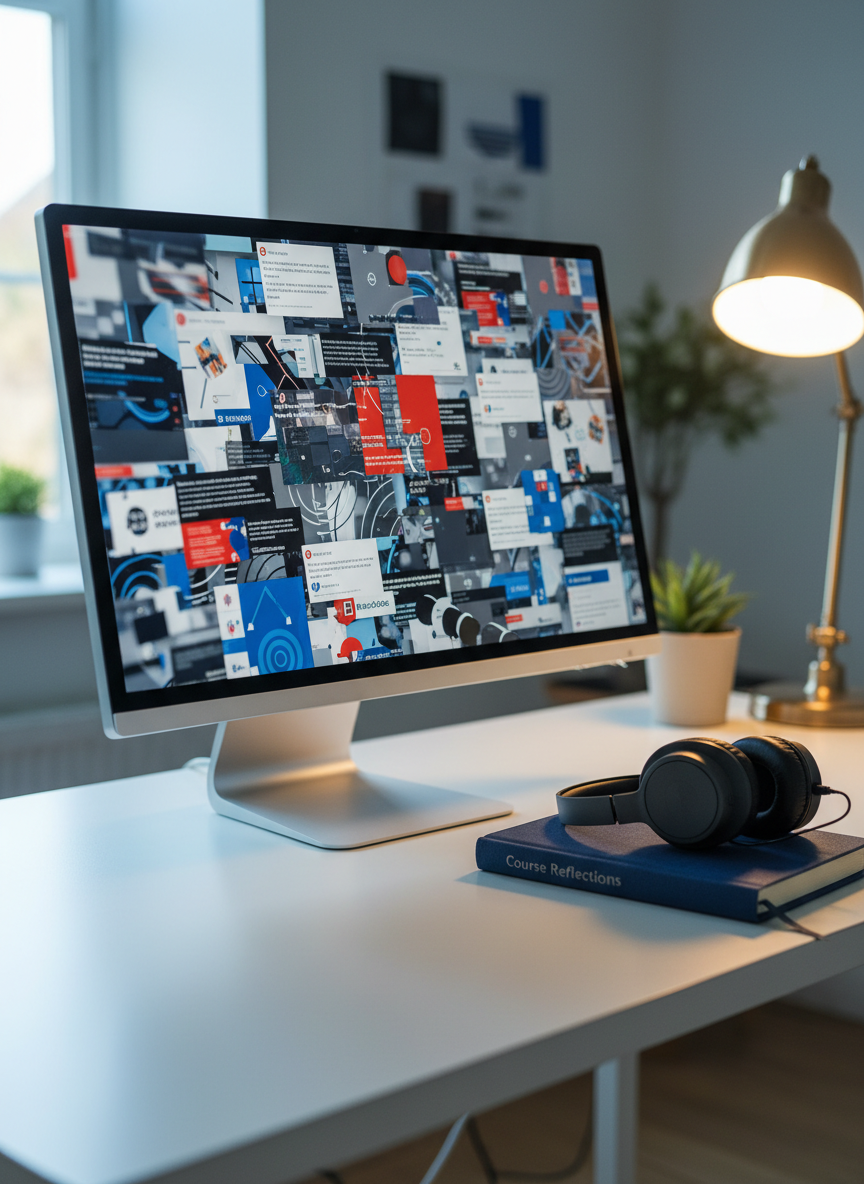 A modern, frameless computer monitor on a clean white desk displays a mosaic of news websites, social media feeds, and fact-checking pages, all artfully blurred and layered to suggest information overload without revealing readable text. Beside the monitor lies a closed hardcover notebook labeled “Course Reflections” in subtle embossed lettering, with a pair of noise-canceling headphones resting on top. Cool daylight from a side window mixes with a soft warm desk lamp, creating balanced, professional lighting. Shot from a three-quarter angle with a moderate depth of field, the central focus is on the interplay between chaotic digital content and orderly analog tools. The photographic image feels calm yet intellectually charged, highlighting the tension between media noise and thoughtful analysis.